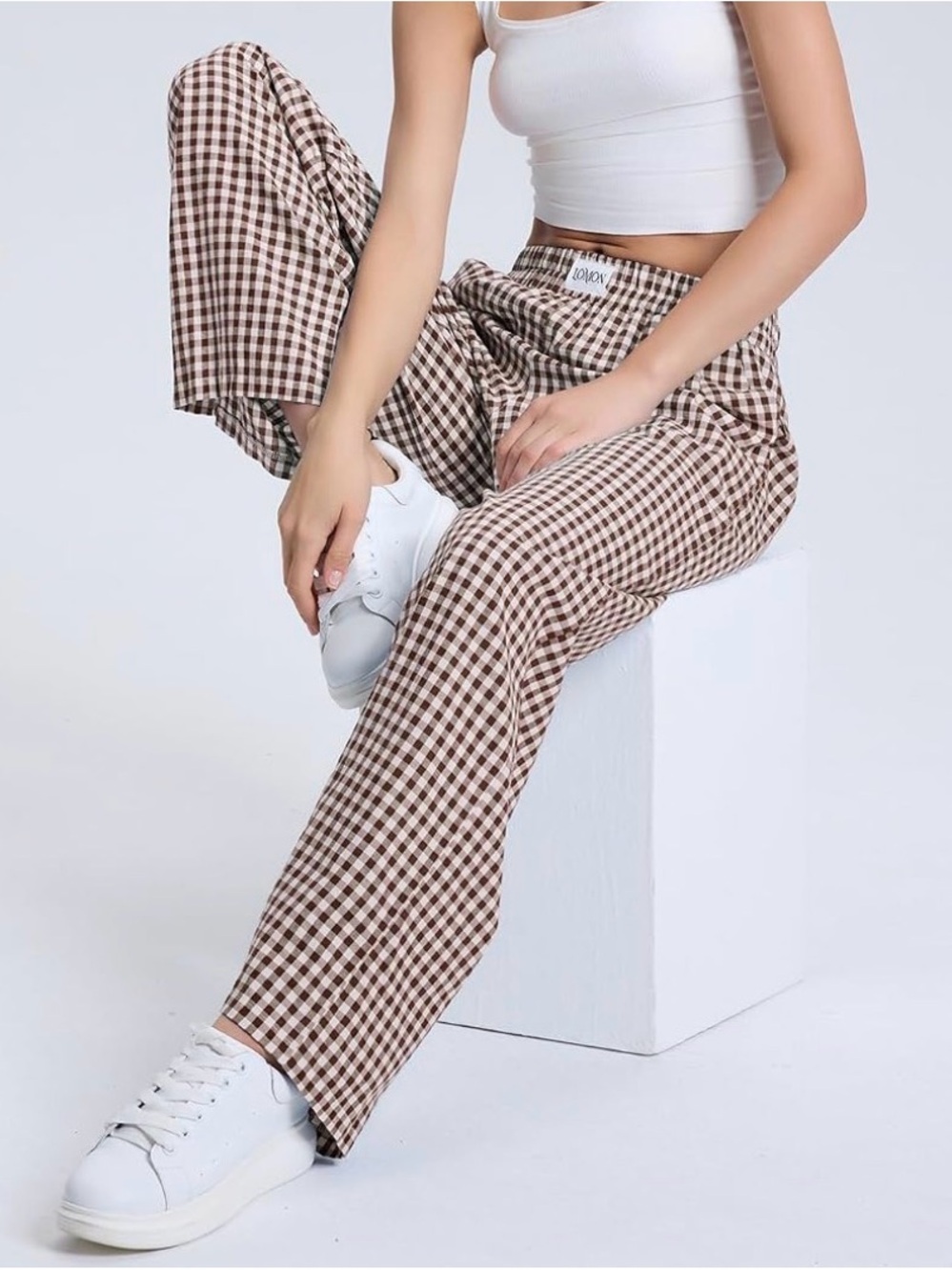 High-Rise Wide-Leg Brown/White Gingham Lounge Pants size XL